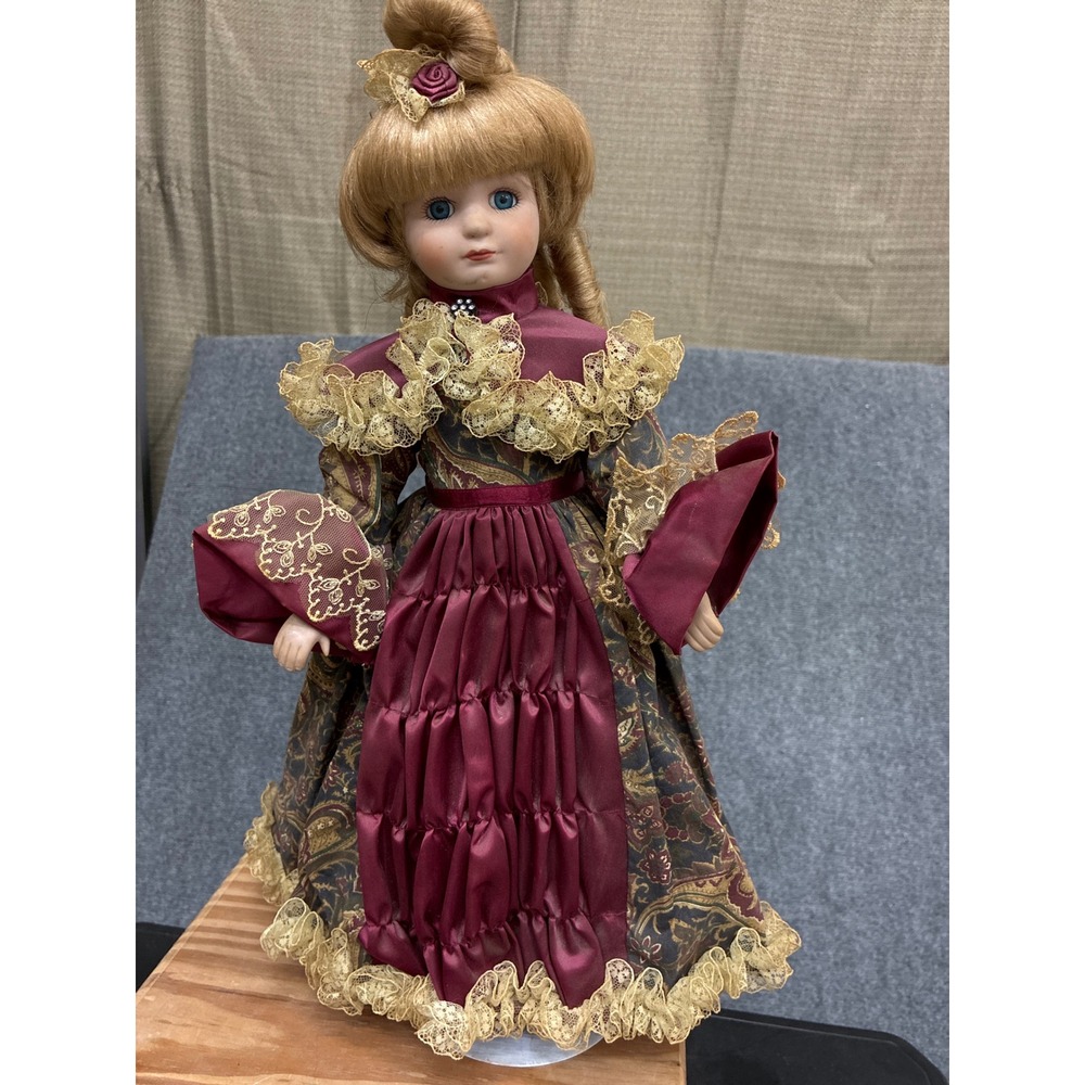 Vintage 1991 Anco Porcelain Doll Victorian Burgundy Gold Paisley Lace Dress 16"